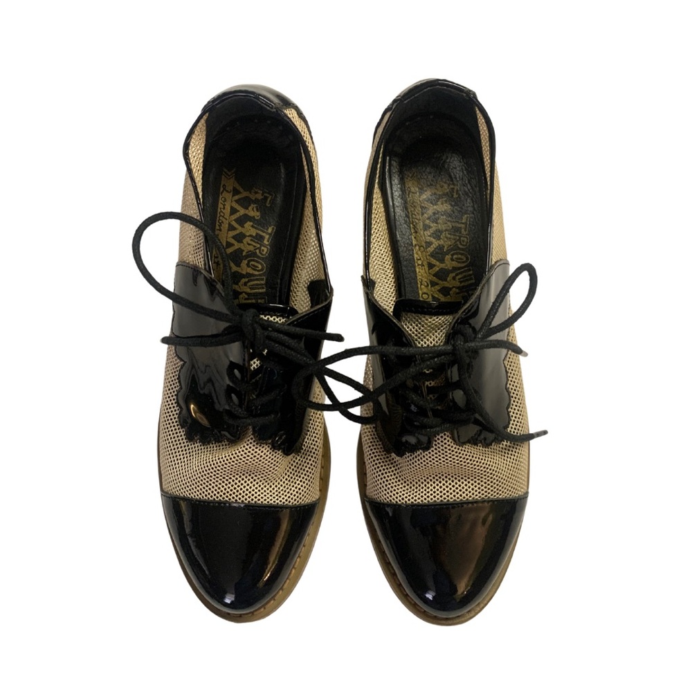 F Troupe London Black Tan Patent Leather Mesh Derby Shoes Oxfords Lace Up Retro